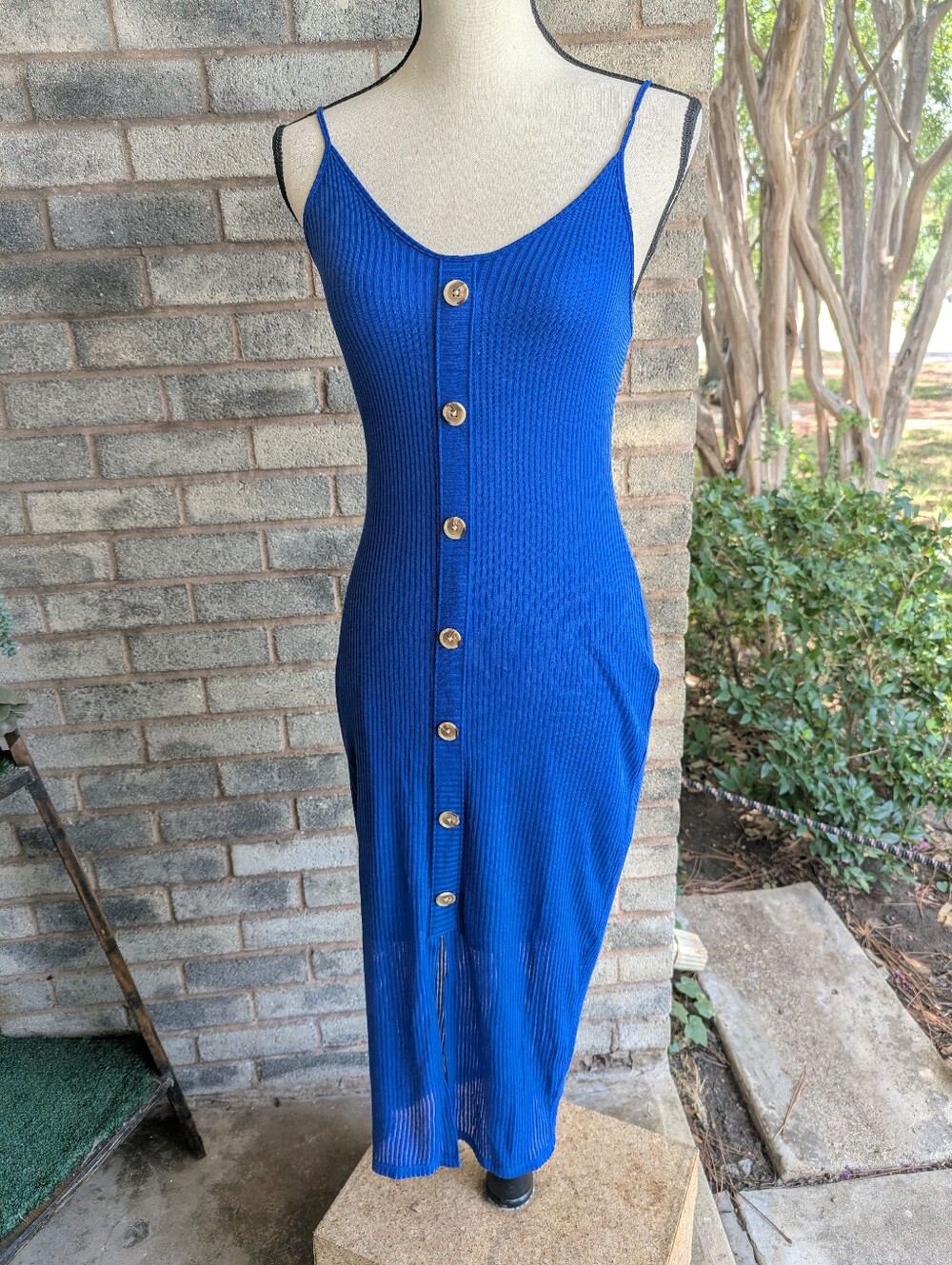 Express Royal Blue Button-Front Ribbed Maxi Dress.
